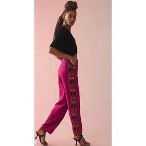 Anthropologie Farm Rio Women Pink Carrot Linen Boho Beaded Pants Sz S New